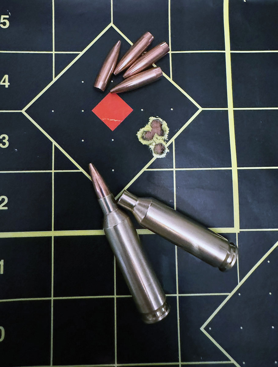 Shown are group results from the Barnes 69-grain Match Burner with IMR-4831. The group was .40 inch at 100 yards.